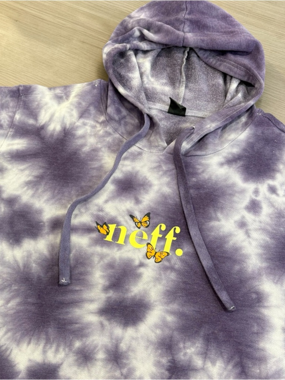 Neff Purple and White Tie-Dye Hoodie with Yellow Butterfly Logo